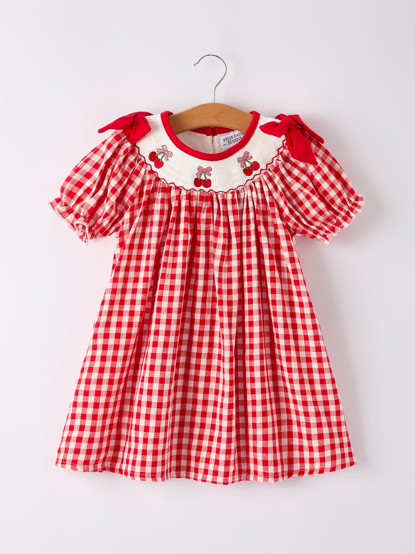 Red Cherry Bow Plaid Smocking Embroidery Girls' Dress