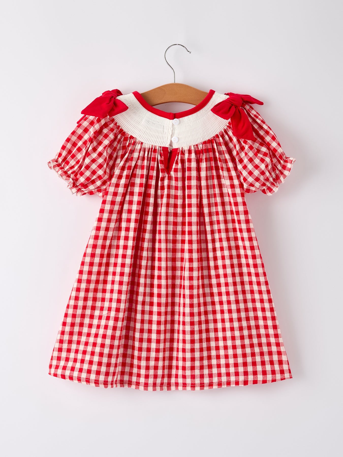 Red Cherry Bow Plaid Smocking Embroidery Girls' Dress