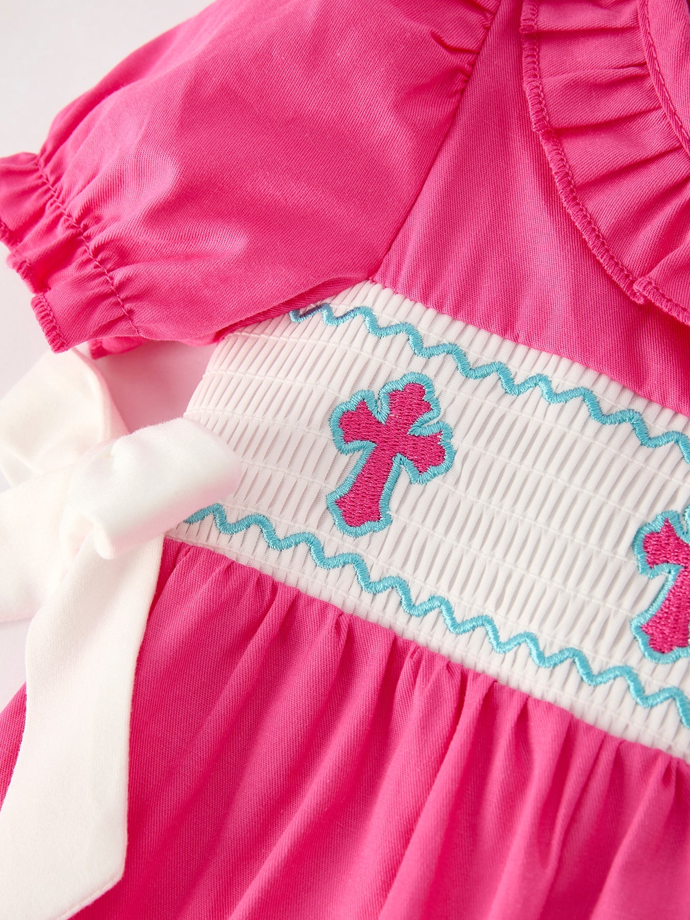 Pink Smocked Church Christ Bishop Christening Bow Baby Girl Romper