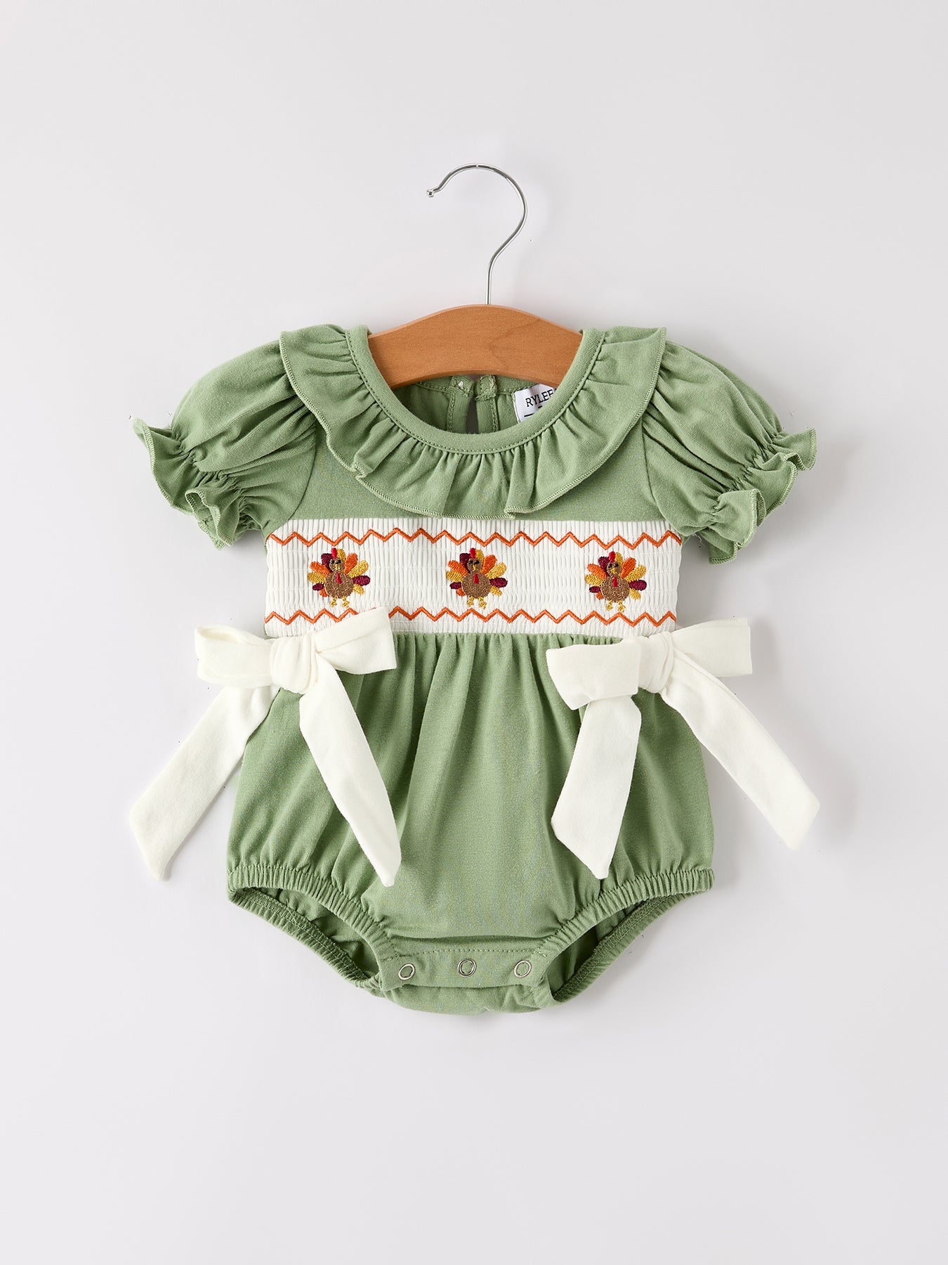 Fall Thanksgiving Chicken Smock Embroidered Green Baby Girl Romper