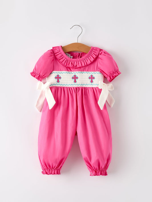Pink Smocked Church Christ Bishop Christening Bow Baby Girl Romper