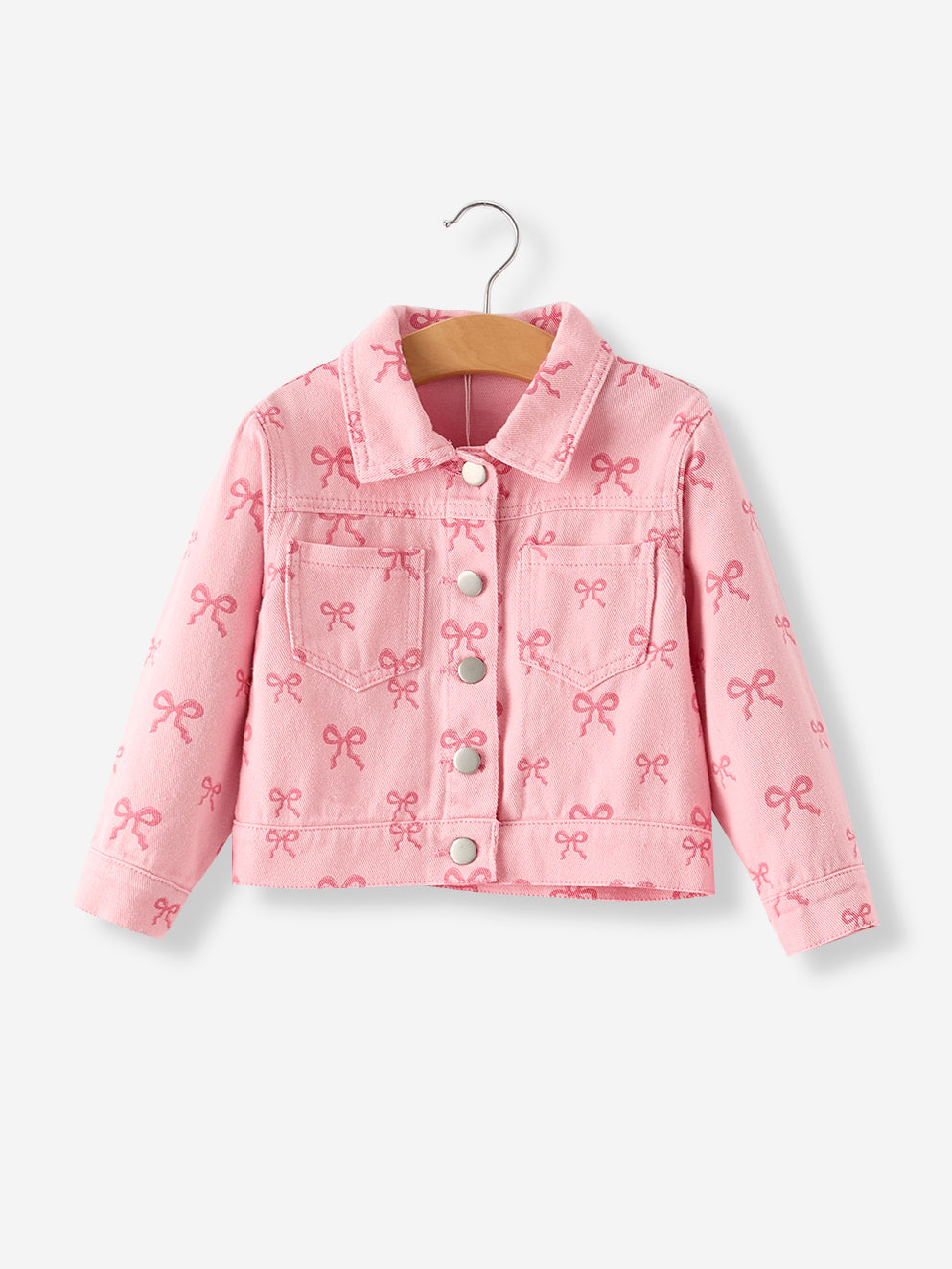 Pink Fall Girls Bow Print Denim Top