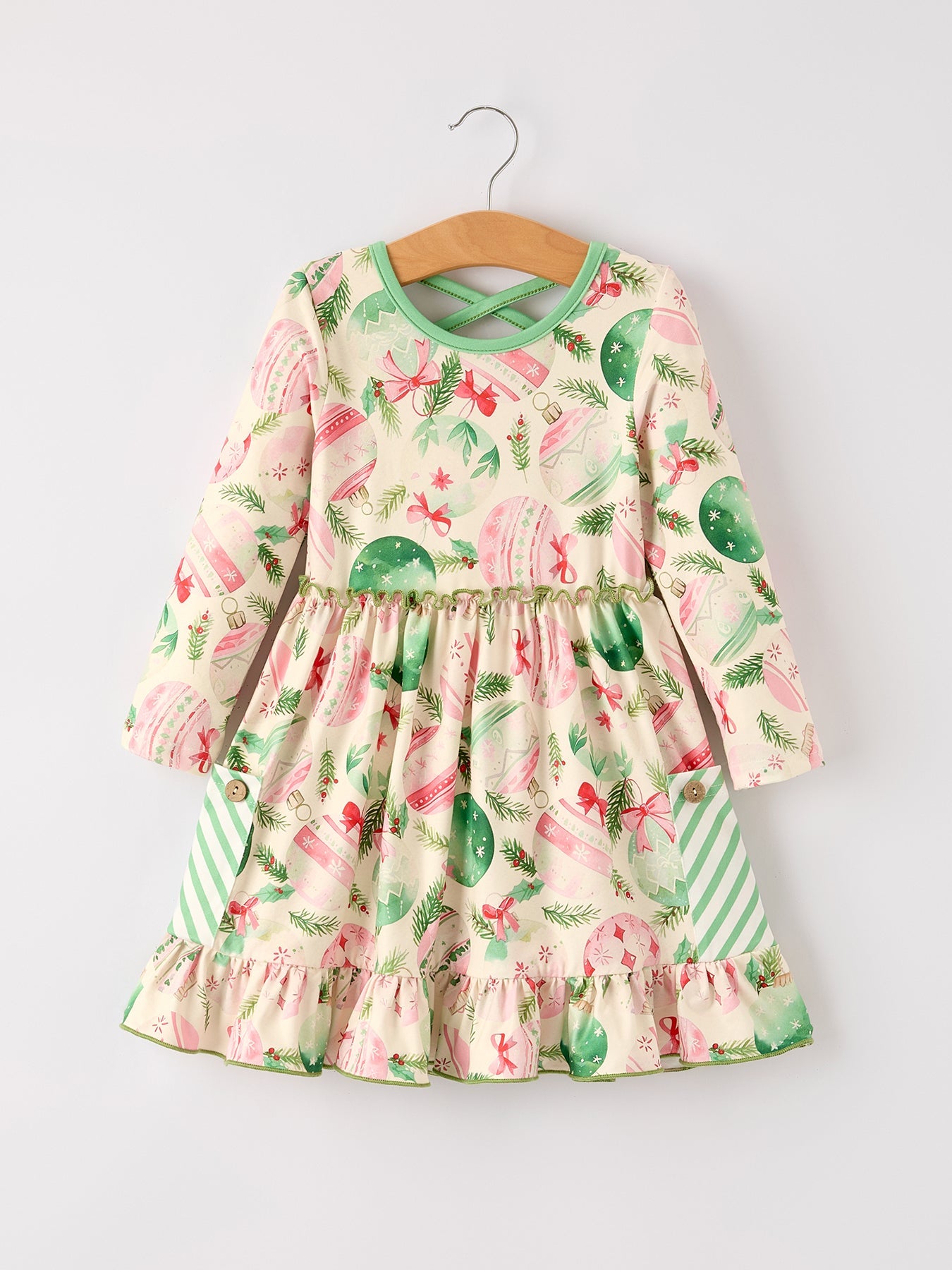 Winter Christmas Green Girls Pocket Dress