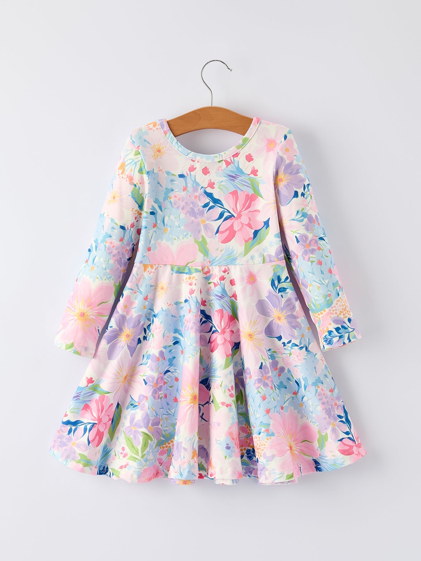 Spring and Autumn Floral Print Girl Dress with Long Sleeves