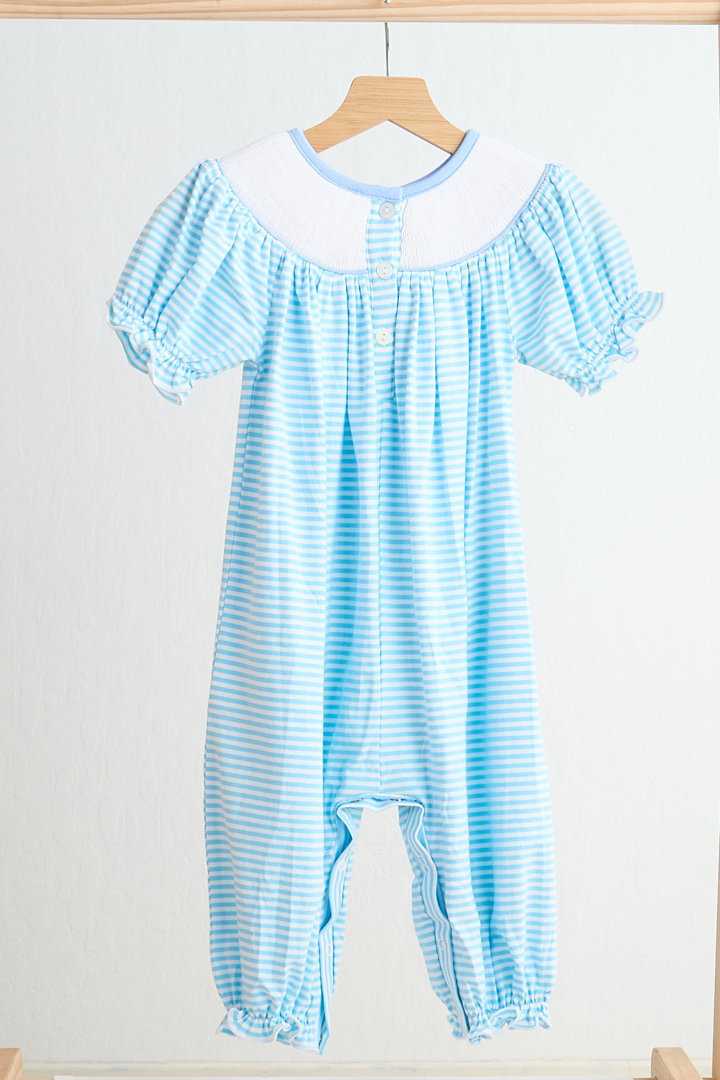 *Blue puppy hand smocked girl romper
