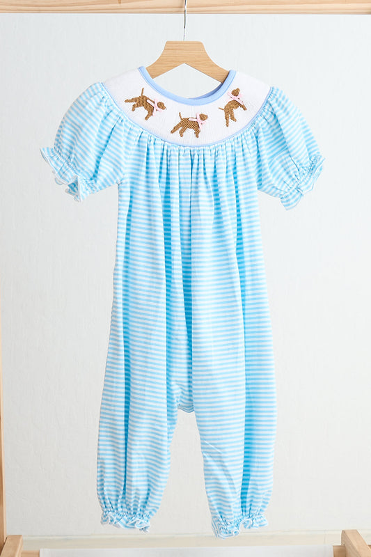 *Blue puppy hand smocked girl romper