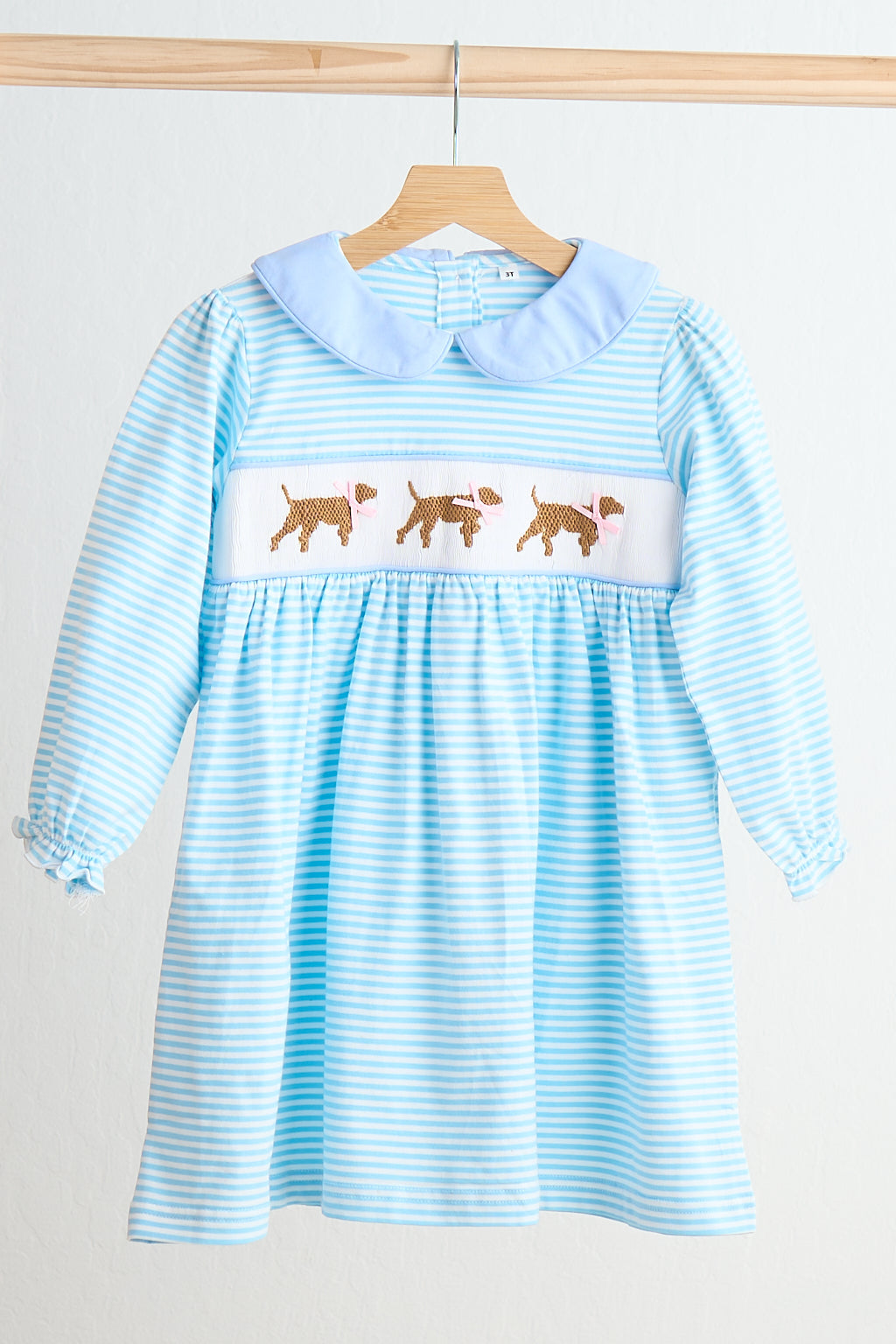 *Blue puppy hand smocked stripe dress