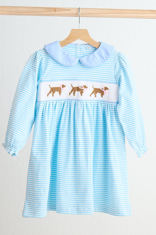 *Blue puppy hand smocked stripe dress