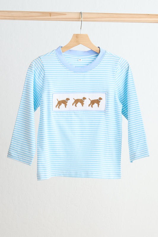 *Blue puppy hand smocked boy stripe top