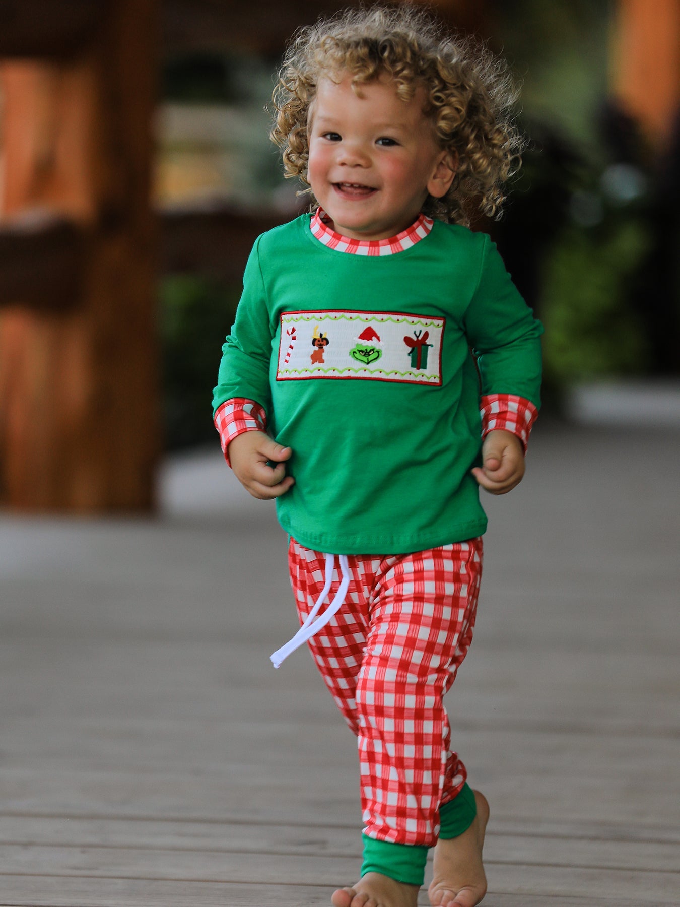 Christmas Character Candy Embroidery Green Boys Set